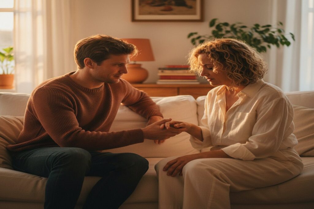 Two parents reaching toward each other on a couch, reconciling after a disagreement