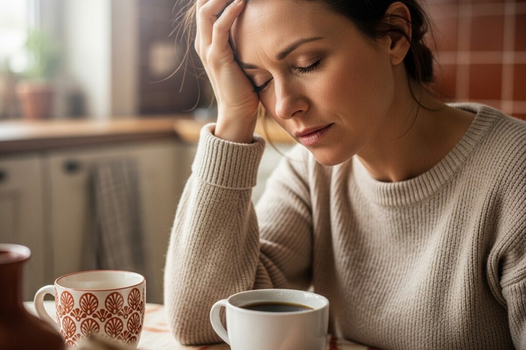Exhausted mother sitting alone at kitchen table with coffee, soft morning light