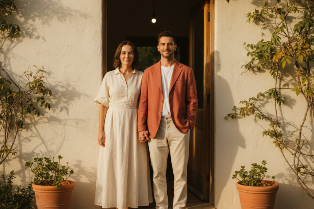 A couple standing together confidently at their front door, warm golden hour light