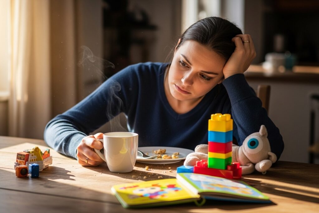 Tired parent surrounded by household chaos asking for support