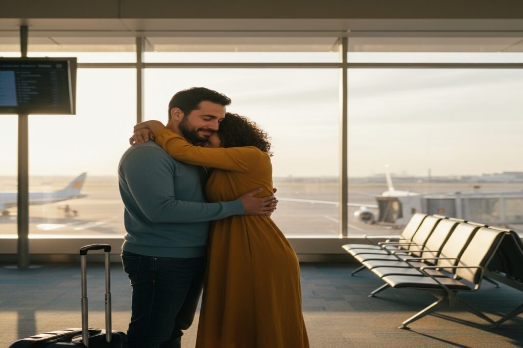 Couple embracing at airport departure gate with warm golden light
