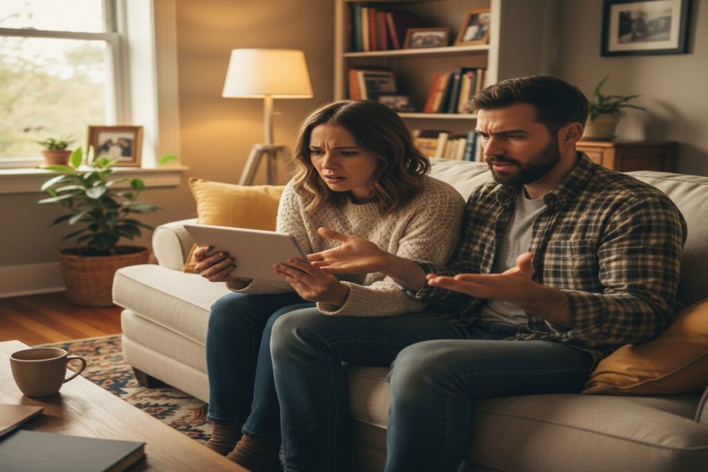 Two parents on couch discussing screen time with tablet and frustration