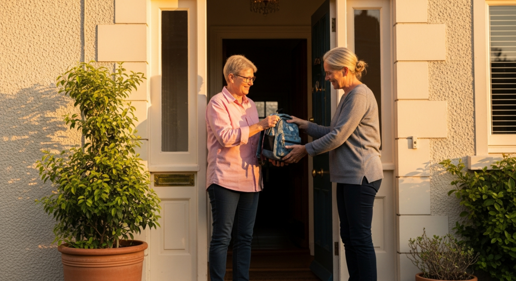 Two co-parents at a doorstep handing off a backpack cooperatively, warm terracotta planters and cream doorframe