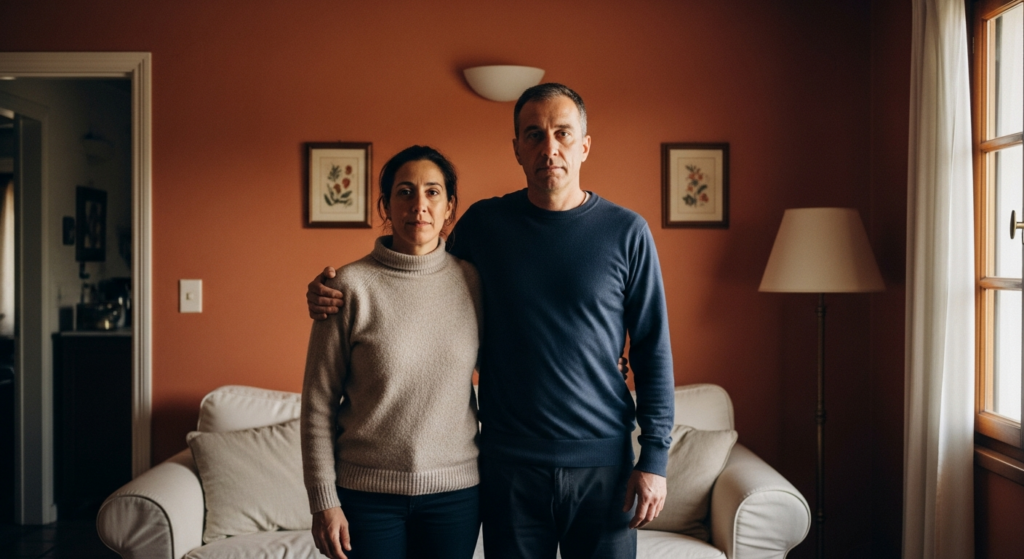Couple standing united in a warm living room with terracotta walls, one arm around the other, facing outward protectively