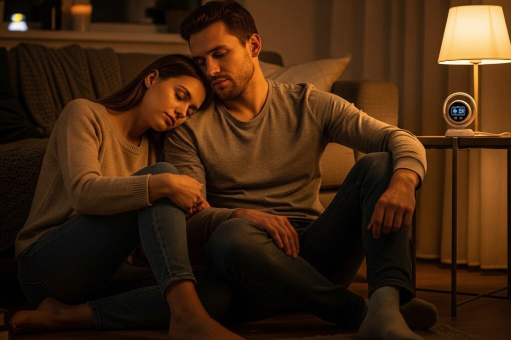 Couple sitting on living room floor, woman resting head on man's shoulder, lamp and digital device on side table