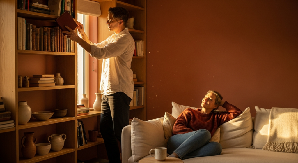 Two parents in a warm terracotta and cream home interior, one reaching for a book while the other watches from the couch