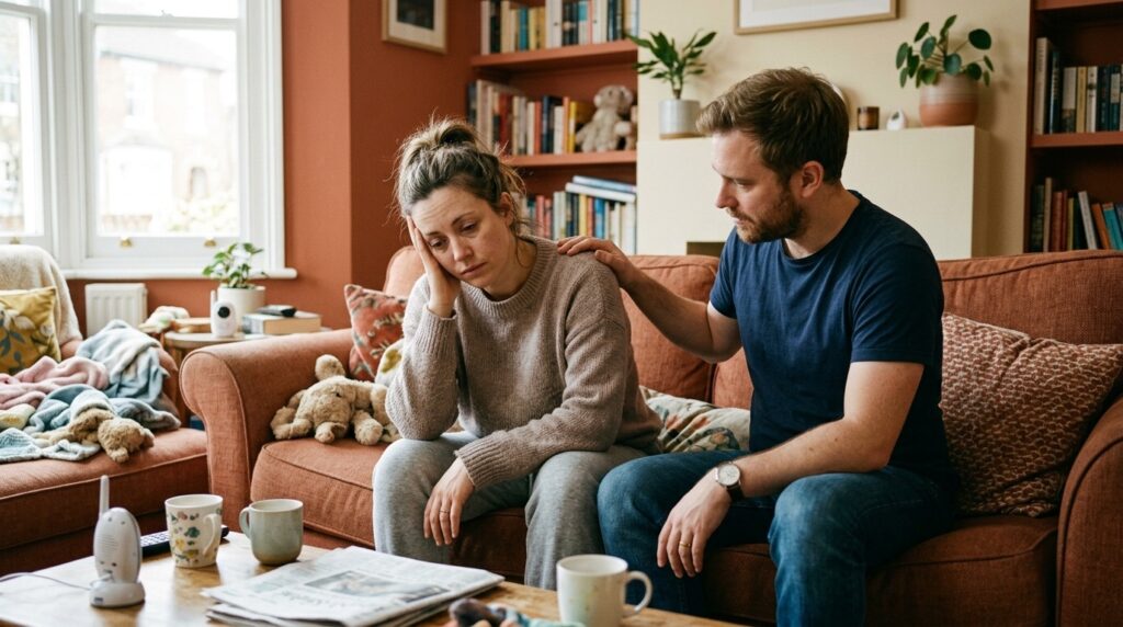 Tired parent on couch with partner offering gentle shoulder support, warm terracotta interior