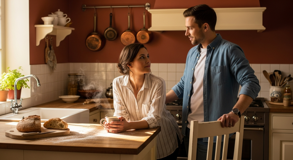 Parents sharing baby care tasks in warm kitchen