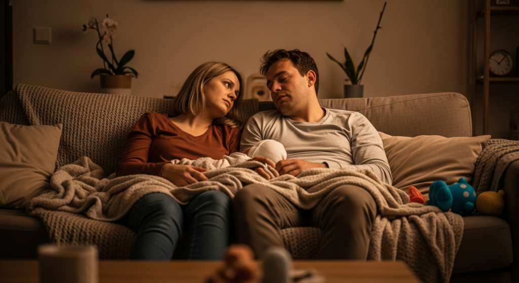 Overwhelmed parents with toddler and newborn on couch