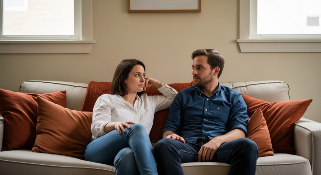 Couple having honest conversation on living room couch
